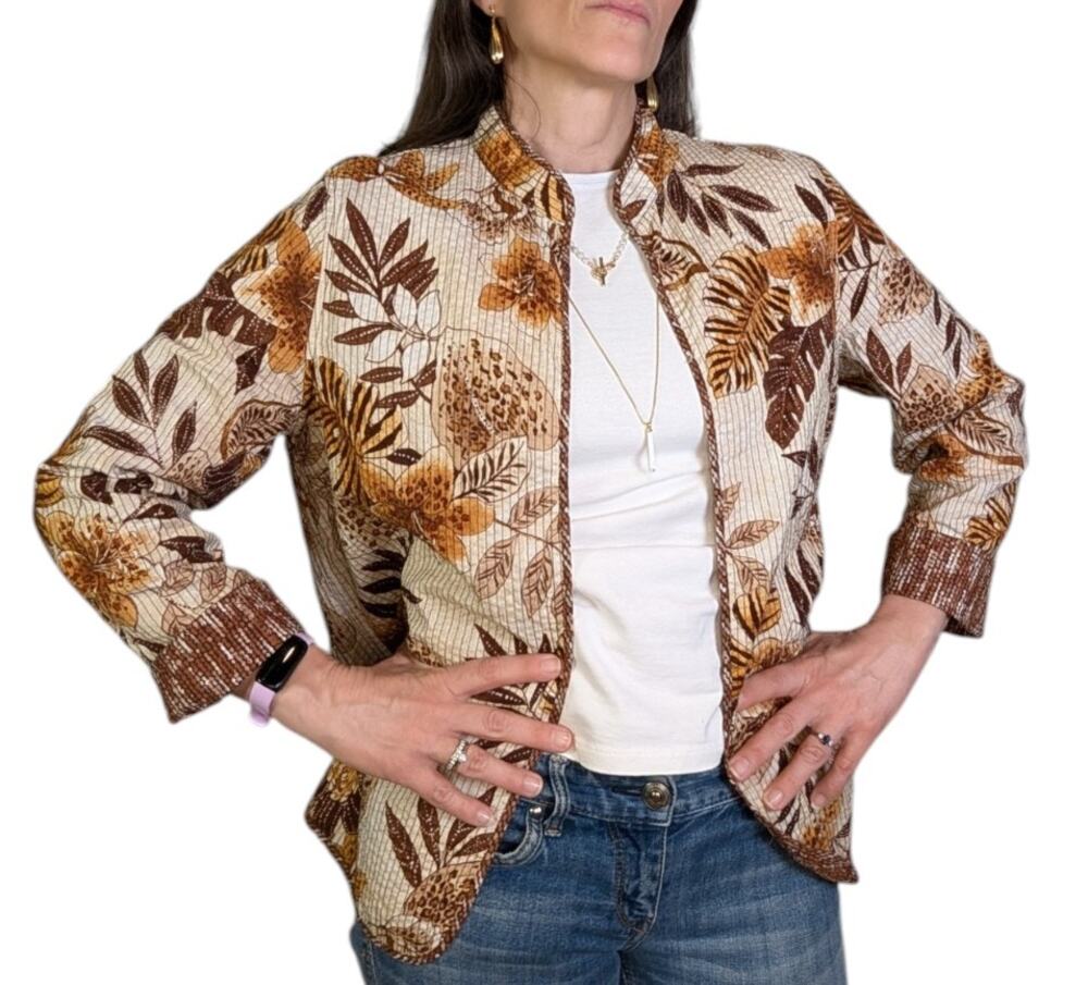 Vintage Alfred Dunner Floral Quilted Jacket Brown Beige Cotton Blazer 90s
